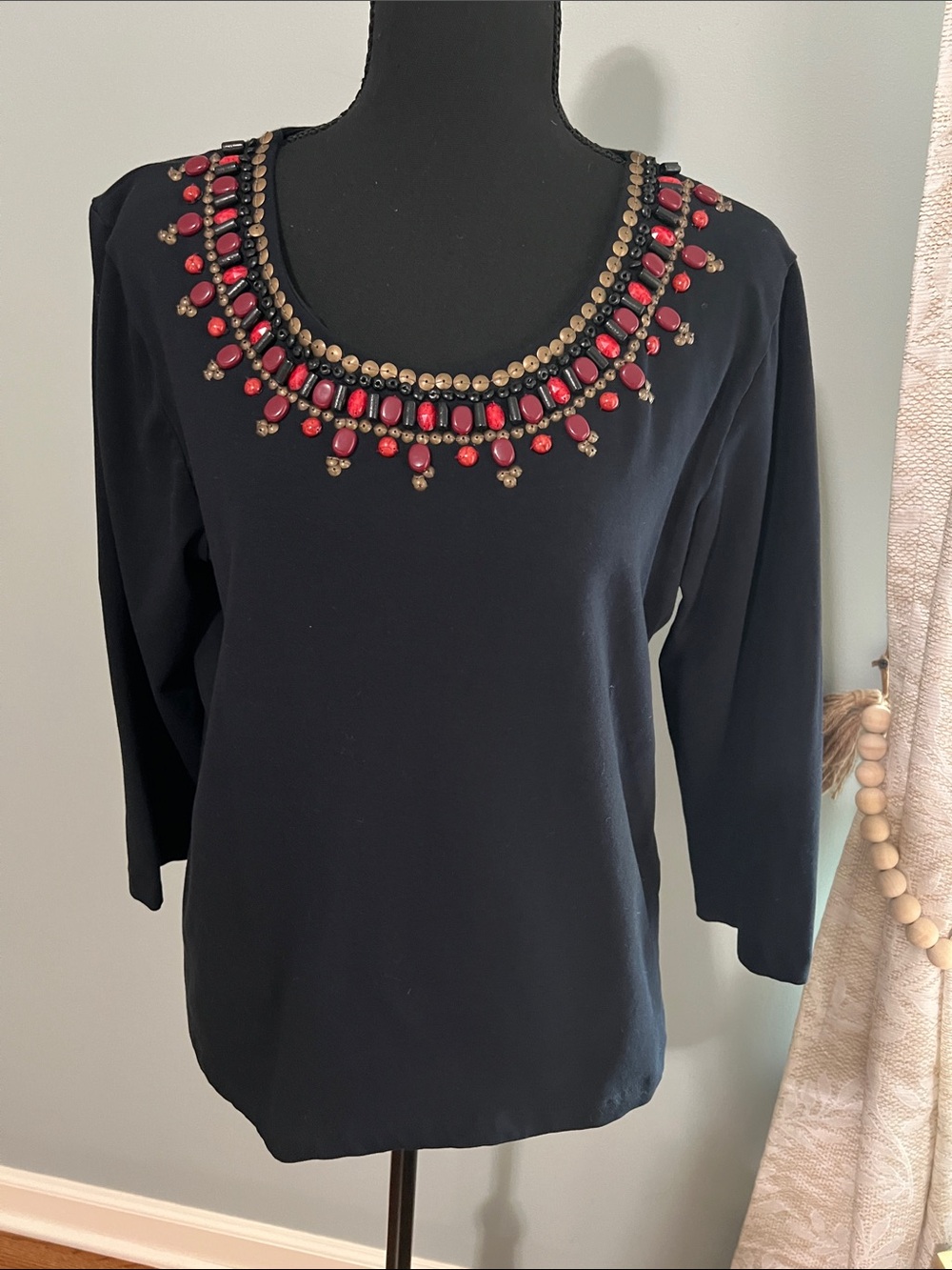 Ruby Rd. Black Top with Red and Gold Beaded Neckline